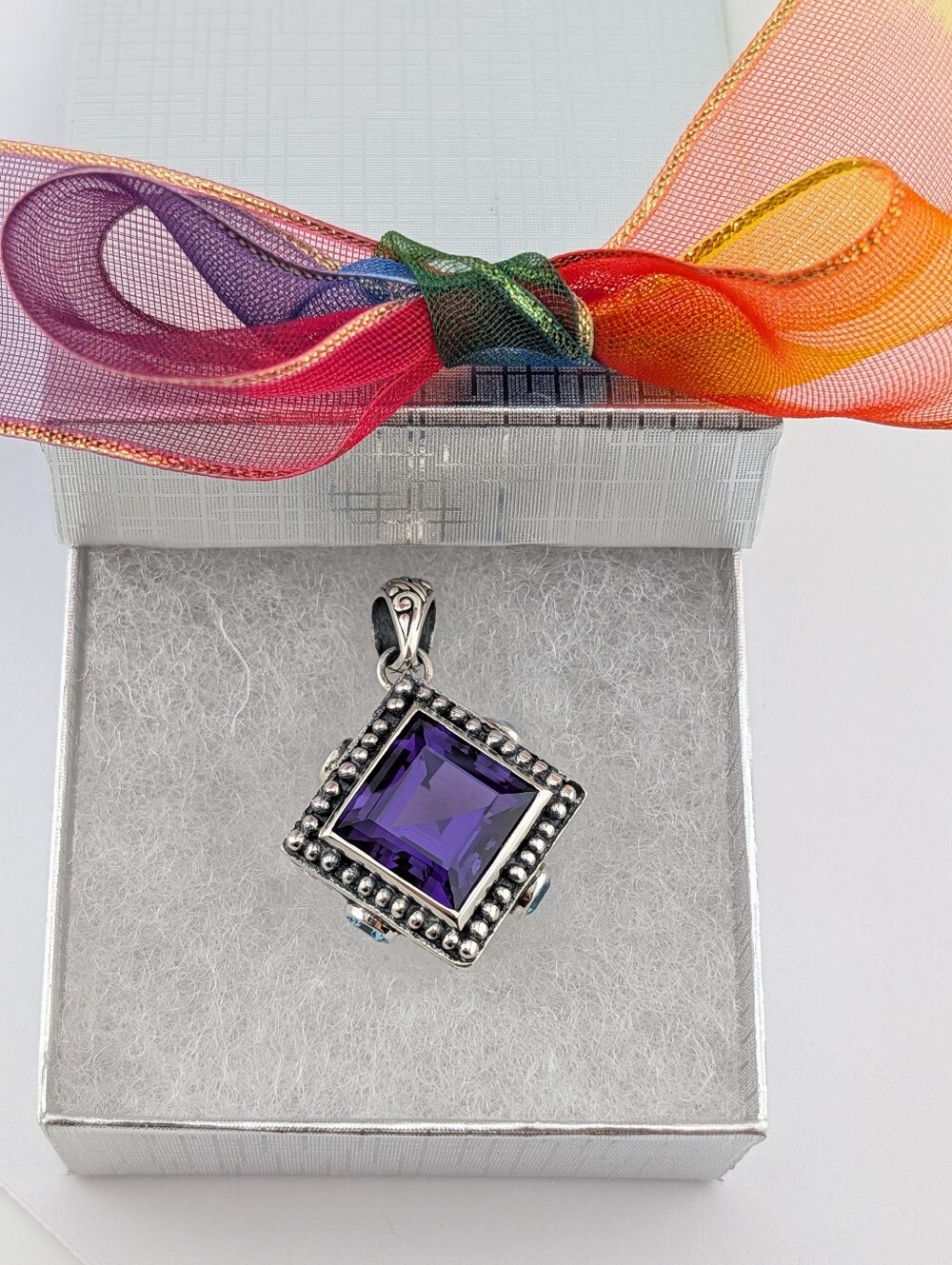 8 Carat Princess Cut Amethyst And Blue Topaz Sterling Silver Pendant Handcrafted - Picture 1 of 9